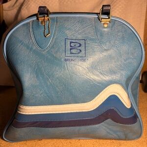 Vintage Brunswick Blue Retro Bowling Ball Carrying Bag Vinyl White Navy StrIpes